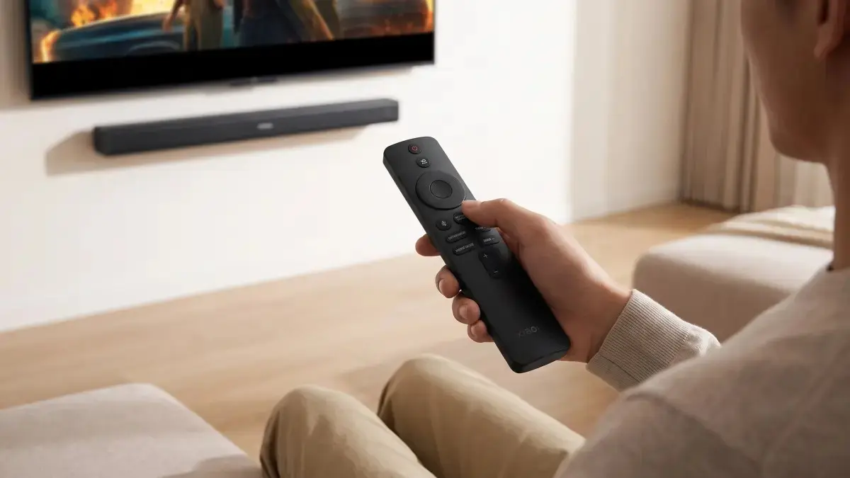 Henkilö käyttää soundbarin kaukosäädintä kirkkaassa olohuoneessa television alla.