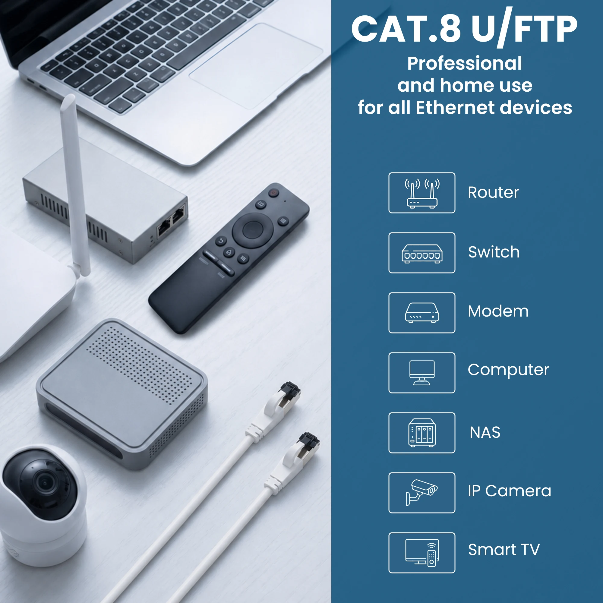 White RJ45 patch cord next to a router, computer, modem, switch, NAS server and camera