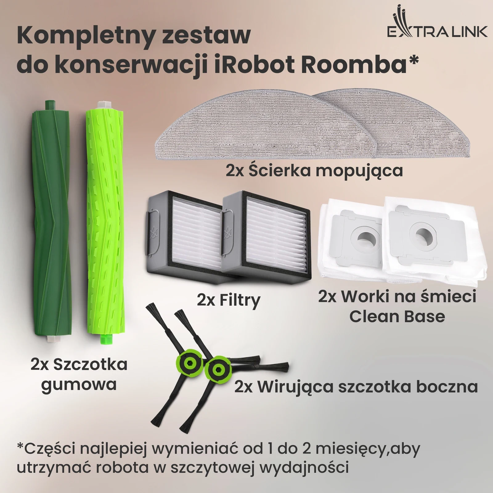 Zestaw części Extralink do Roomba: szczotki gumowe, filtry, szczotki boczne, mopy i worki Clean Base