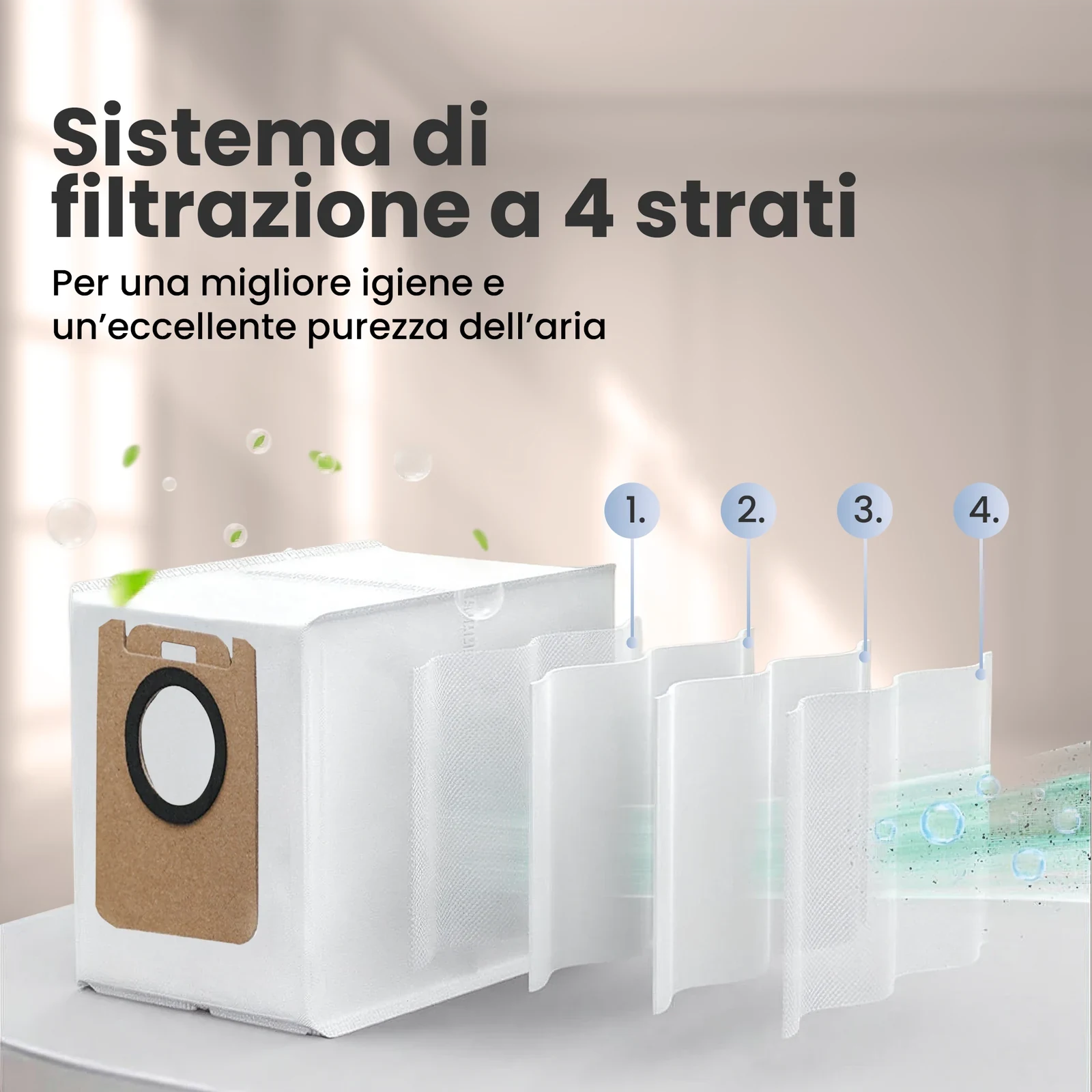 Sacchetto bianco per aspirapolvere con i quattro strati del materiale filtrante in evidenza
