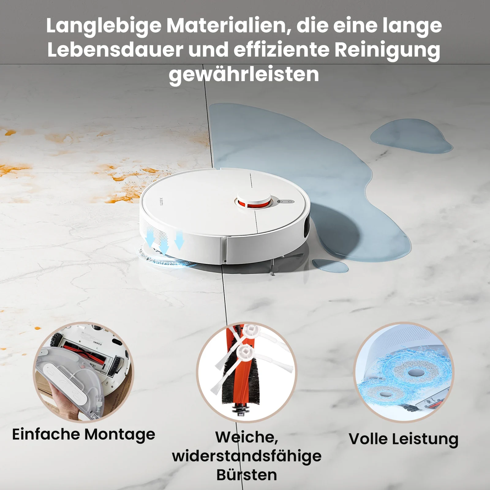 Wei&szlig;er Xiaomi-Roboter, der mithilfe eines Sets austauschbarer Teile einen nassen Boden reinigt