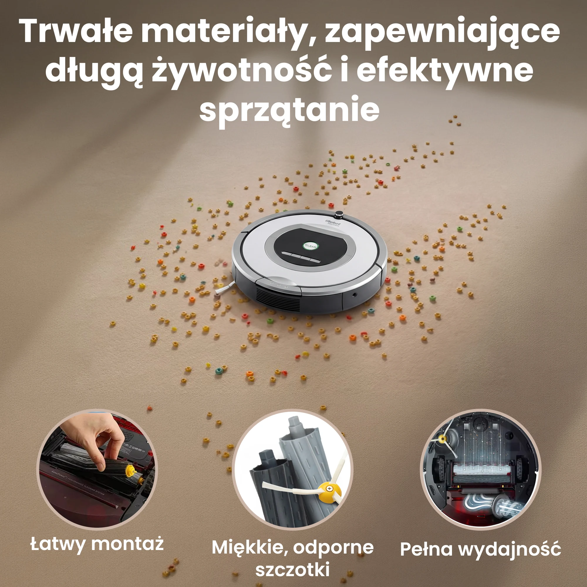 Robot Roomba zbierający zabrudzenia z podłogi po wymianie wałków, filtrów i szczotek