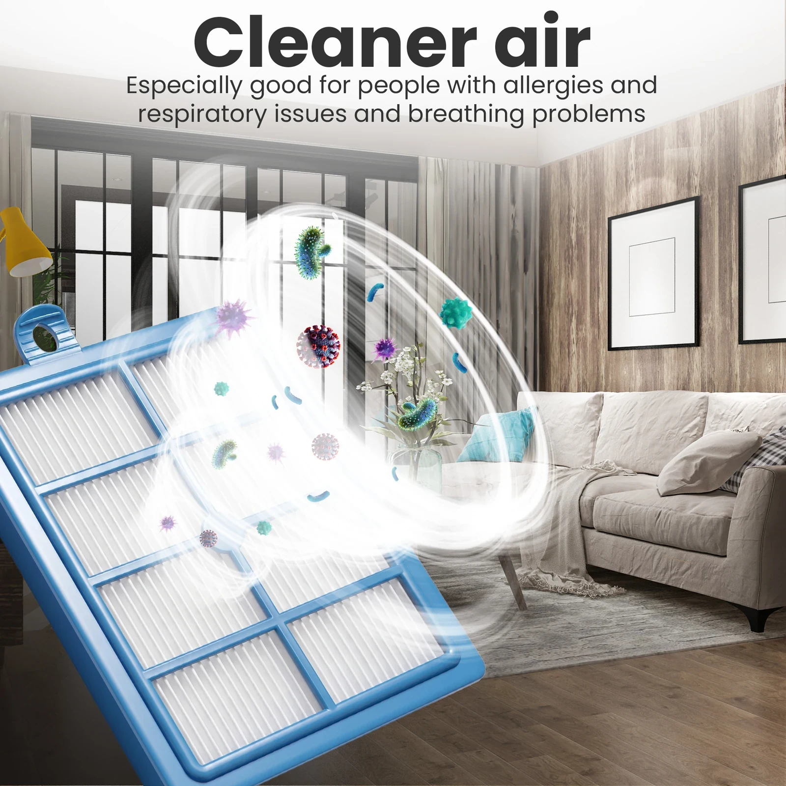 Blue air filter against the background of a bright living room
