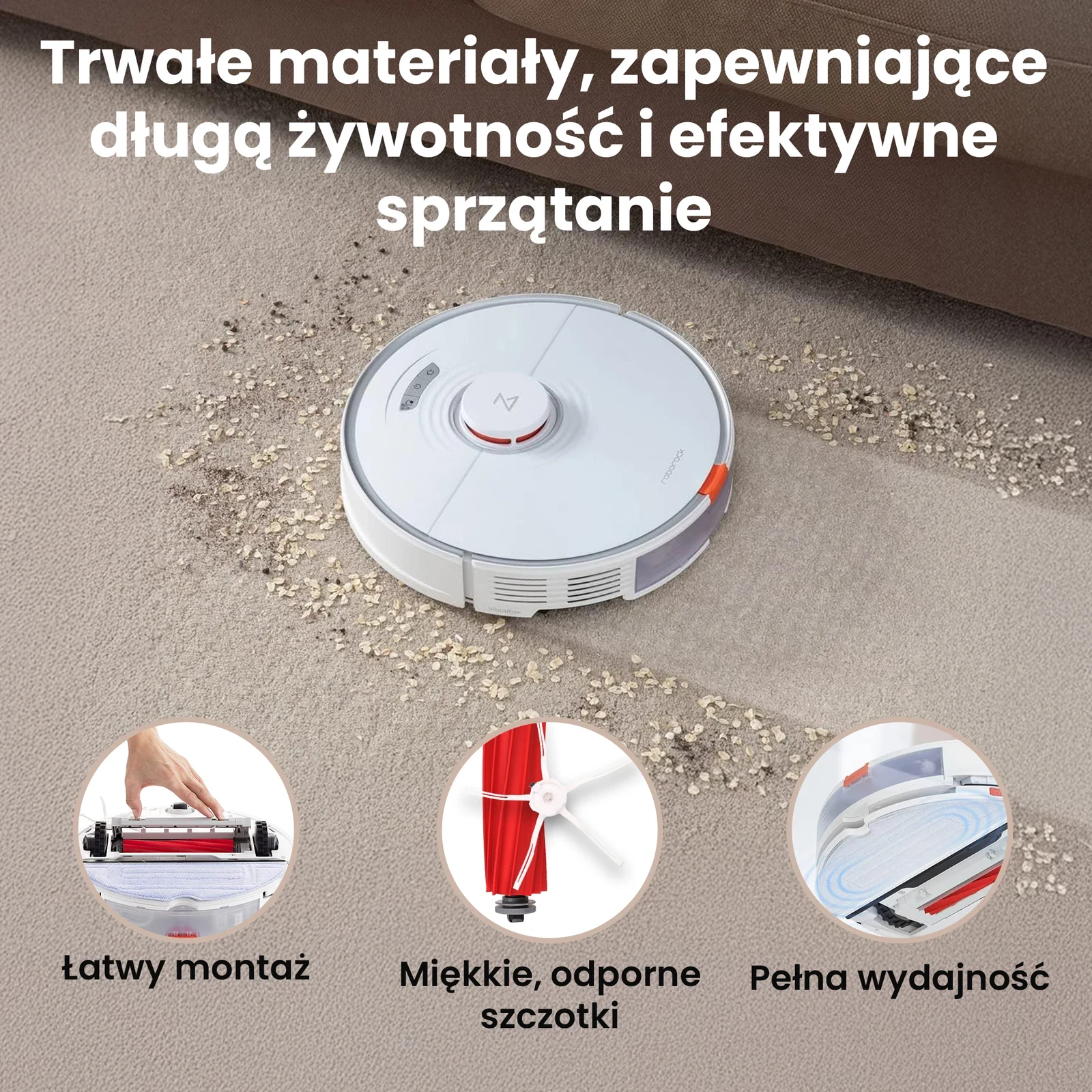 Biały robot sprzątający zbierający okruchy z dywanu oraz zbliżenia szczotek i elementu mopującego
