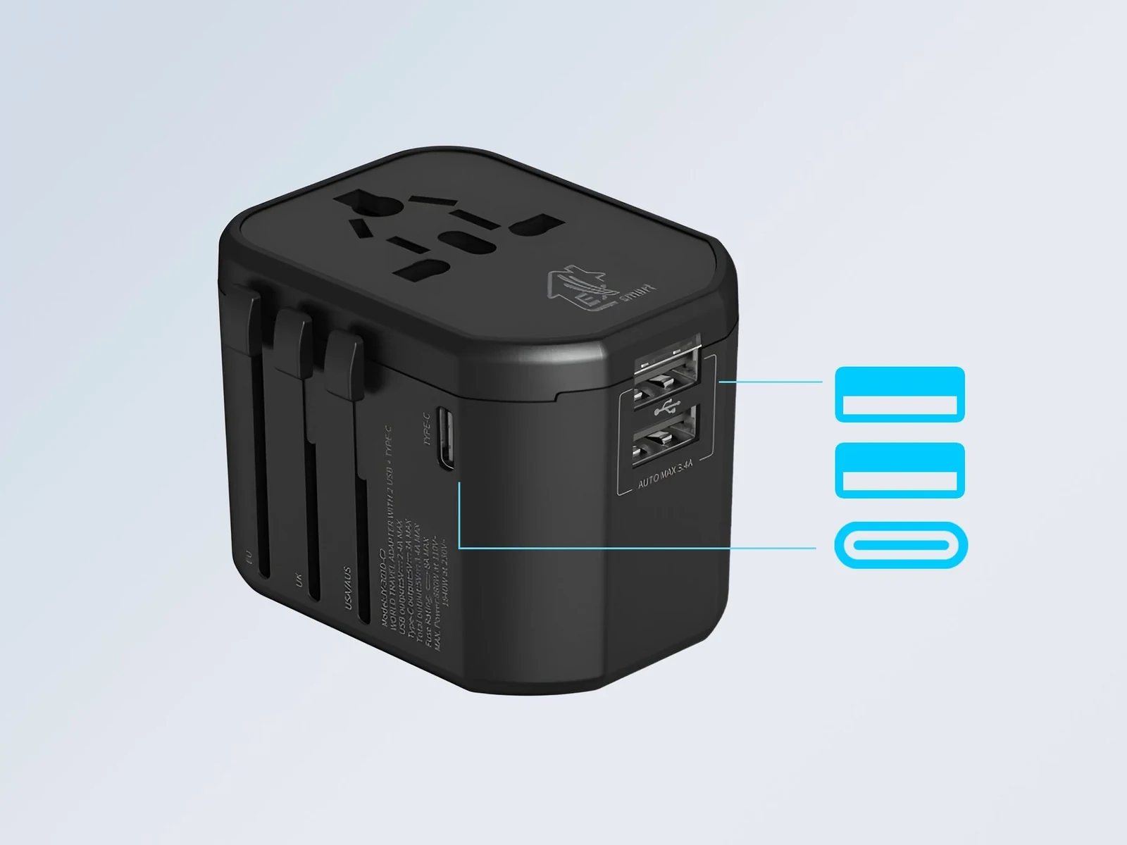 Czarny adapter podróżny z uniwersalnym gniazdem oraz dwoma portami USB-A i portem USB-C