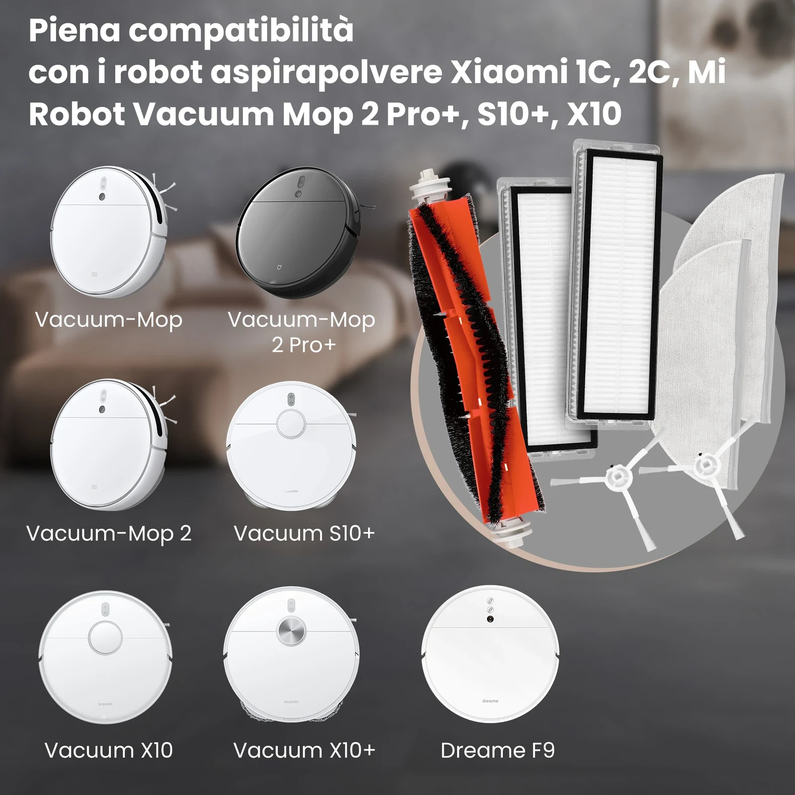 Robot aspirapolvere e lavapavimenti Xiaomi e Dreame bianchi e neri accanto a spazzola, filtri, spazzole laterali e panni lavapavimenti