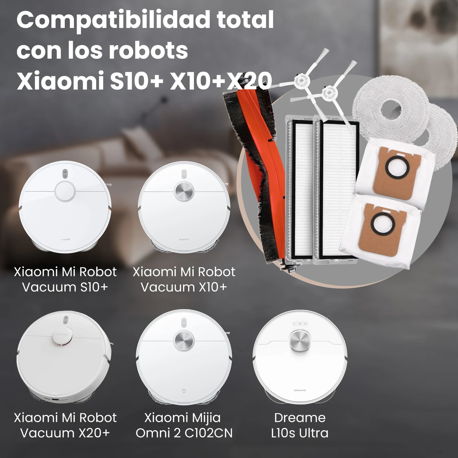 Robot aspirador Xiaomi blanco y kit de cepillo, filtros, bolsas y paños de mopa