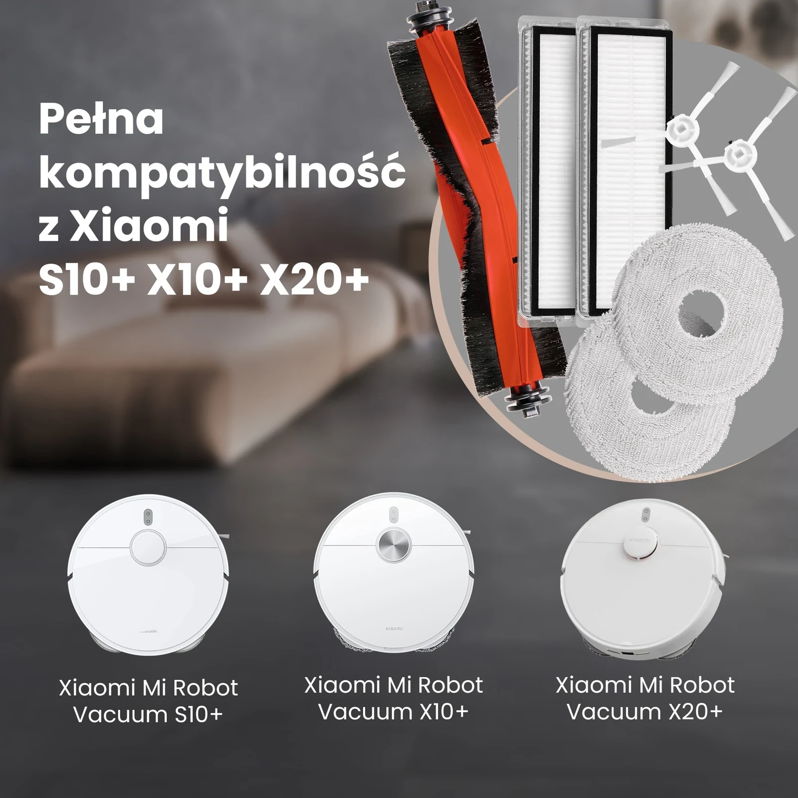 Zestaw części Extralink obok trzech białych robotów Xiaomi Mi Robot Vacuum S10+, X10+ i X20+