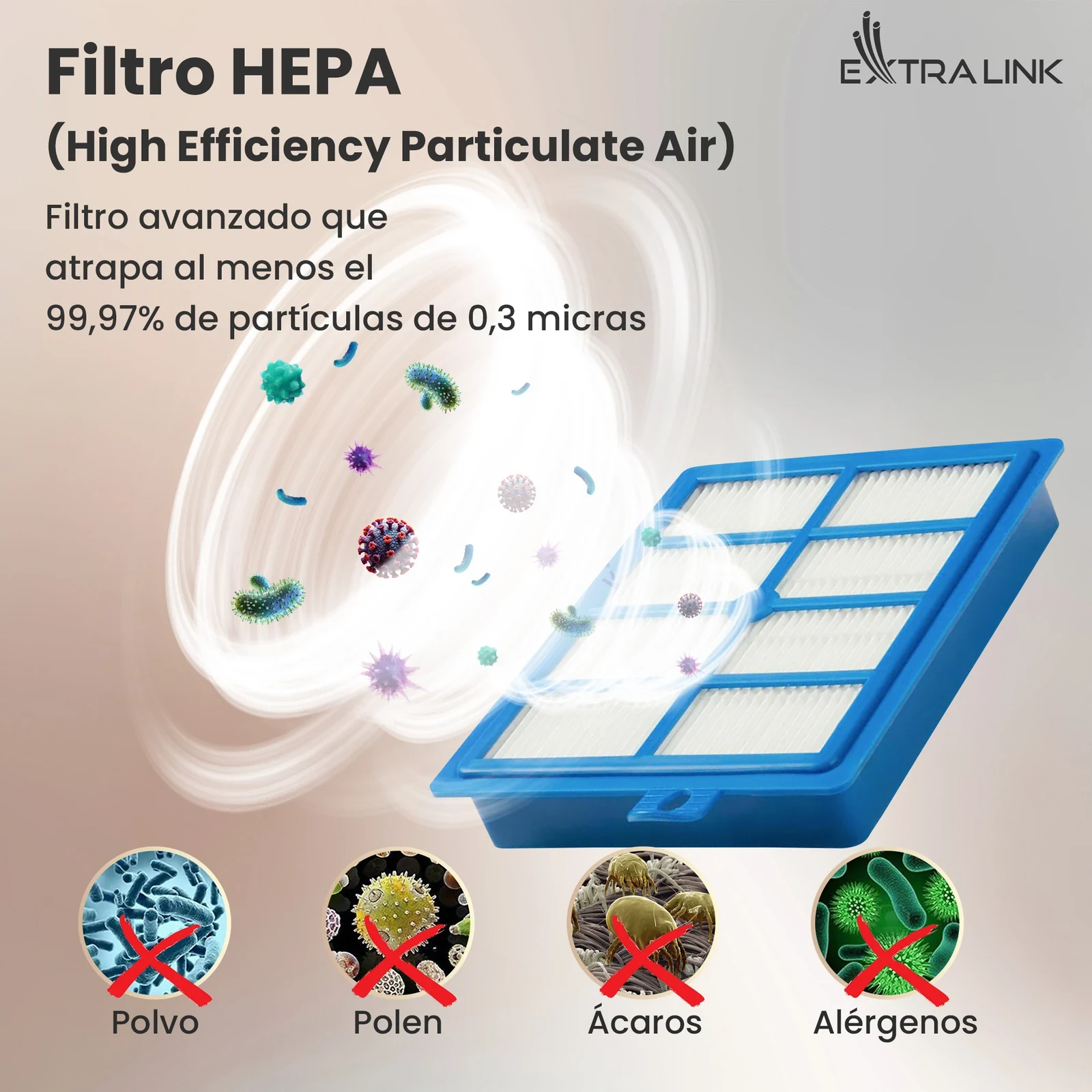 Filtro HEPA azul con cartucho blanco y símbolos de partículas pequeñas