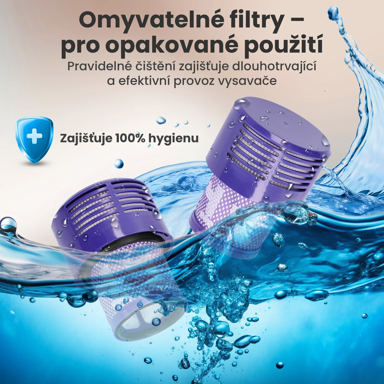 Dva fialové filtry ponořené v čisté, stříkající vodě s modrou ikonou štítu s plus