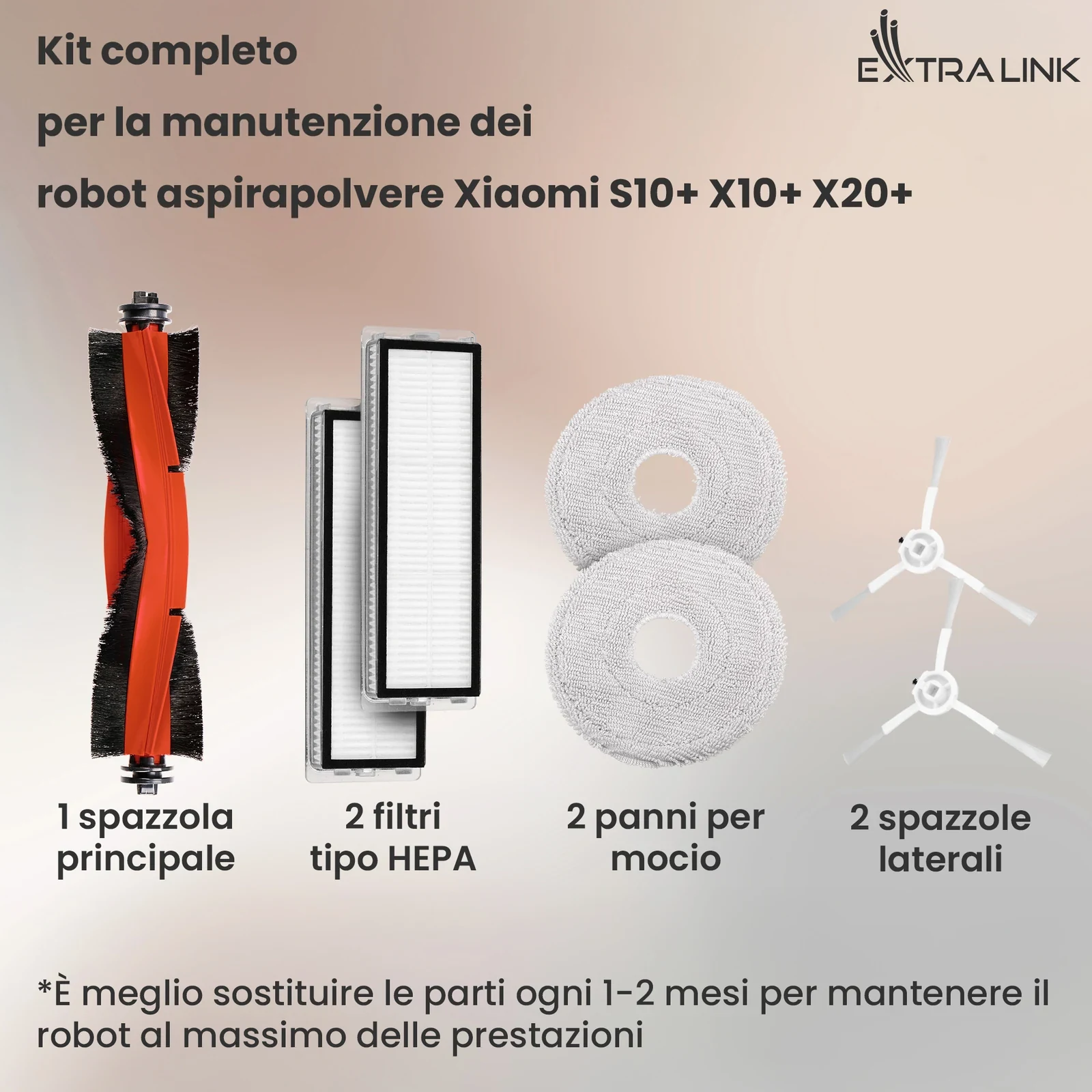 Spazzola principale, due filtri HEPA, due panni per lavare i pavimenti e due spazzole laterali
