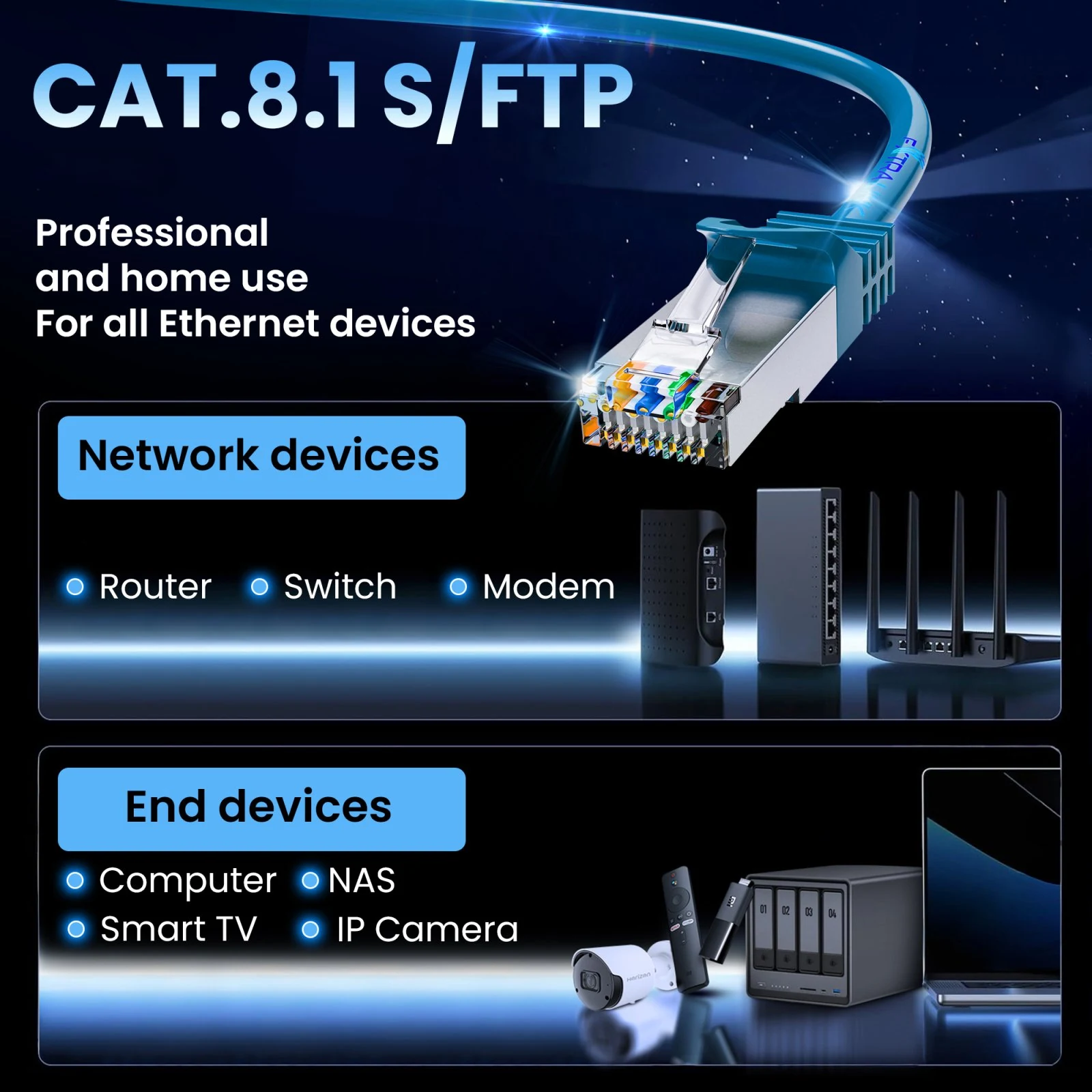 Blue Extralink patch cord with RJ45 plug and network devices, computer, NAS and IP camera