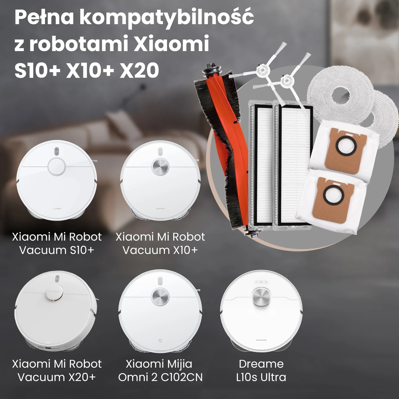 Biały robot sprzątający Xiaomi oraz zestaw szczotki, filtrów, worków i ściereczek mopujących