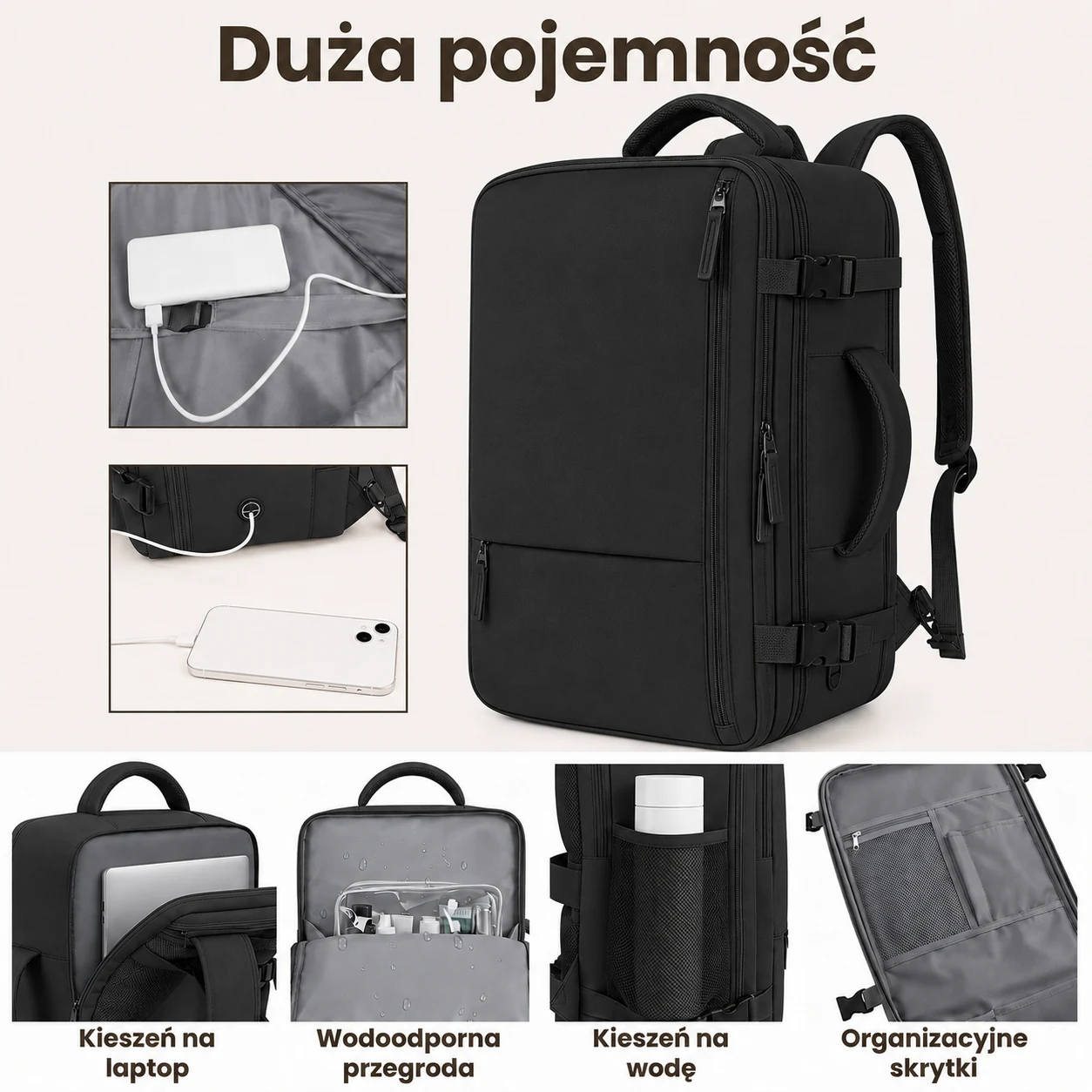 Czarny plecak podróżny z licznymi kieszeniami, pokazany z detalami przegródek na laptop, butelkę i kosmetyki.