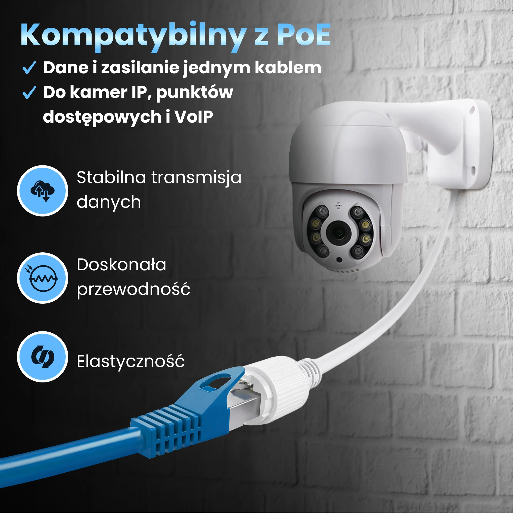 Niebieski patchcord RJ45 podłączony do białej kamery IP na ścianie