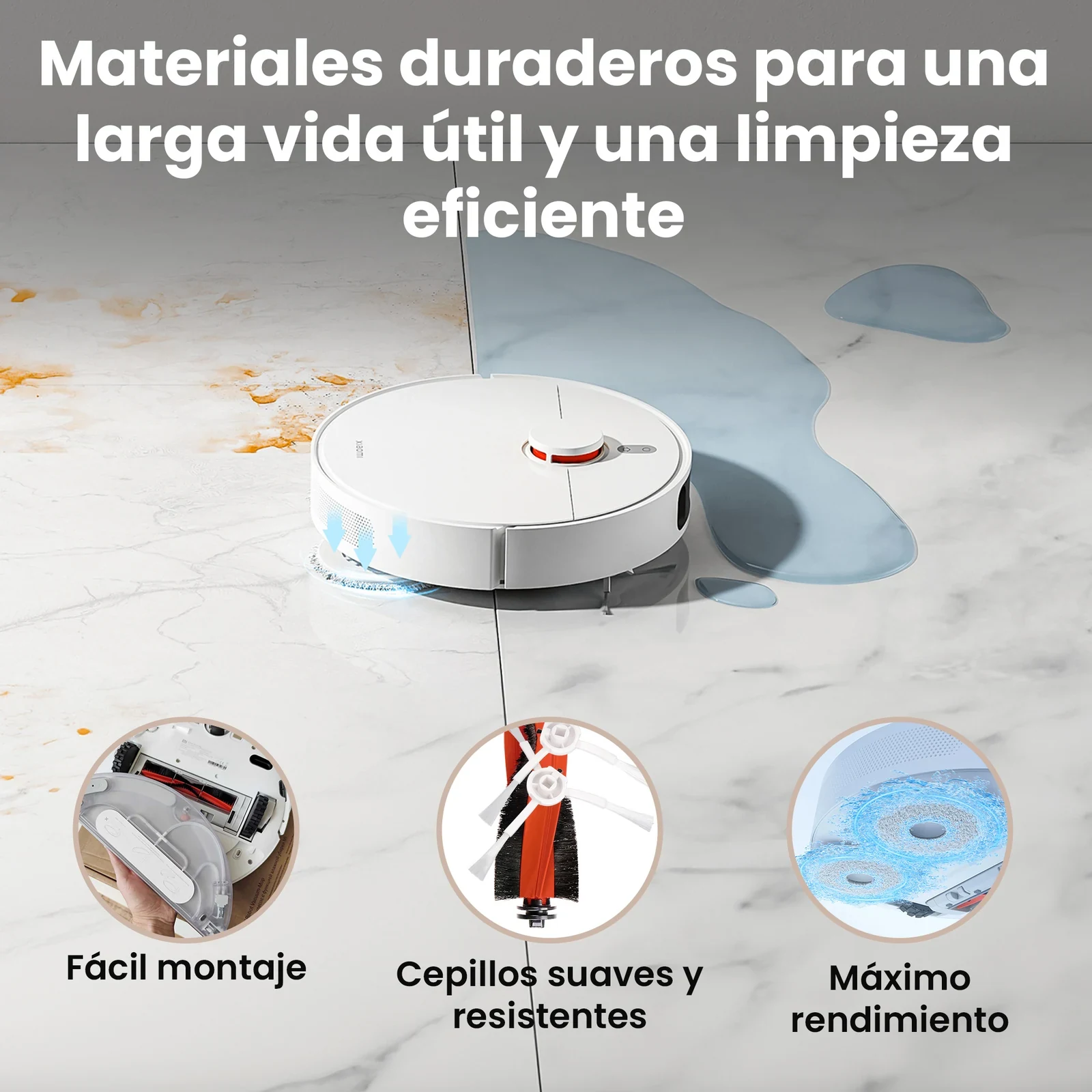Robot Xiaomi blanco limpiando un suelo mojado con un kit de piezas reemplazables