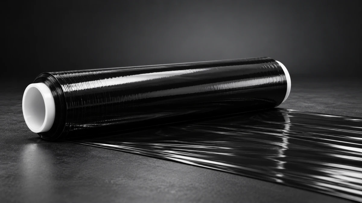 A roll of black Extralink stretch film being used to wrap a parcel.