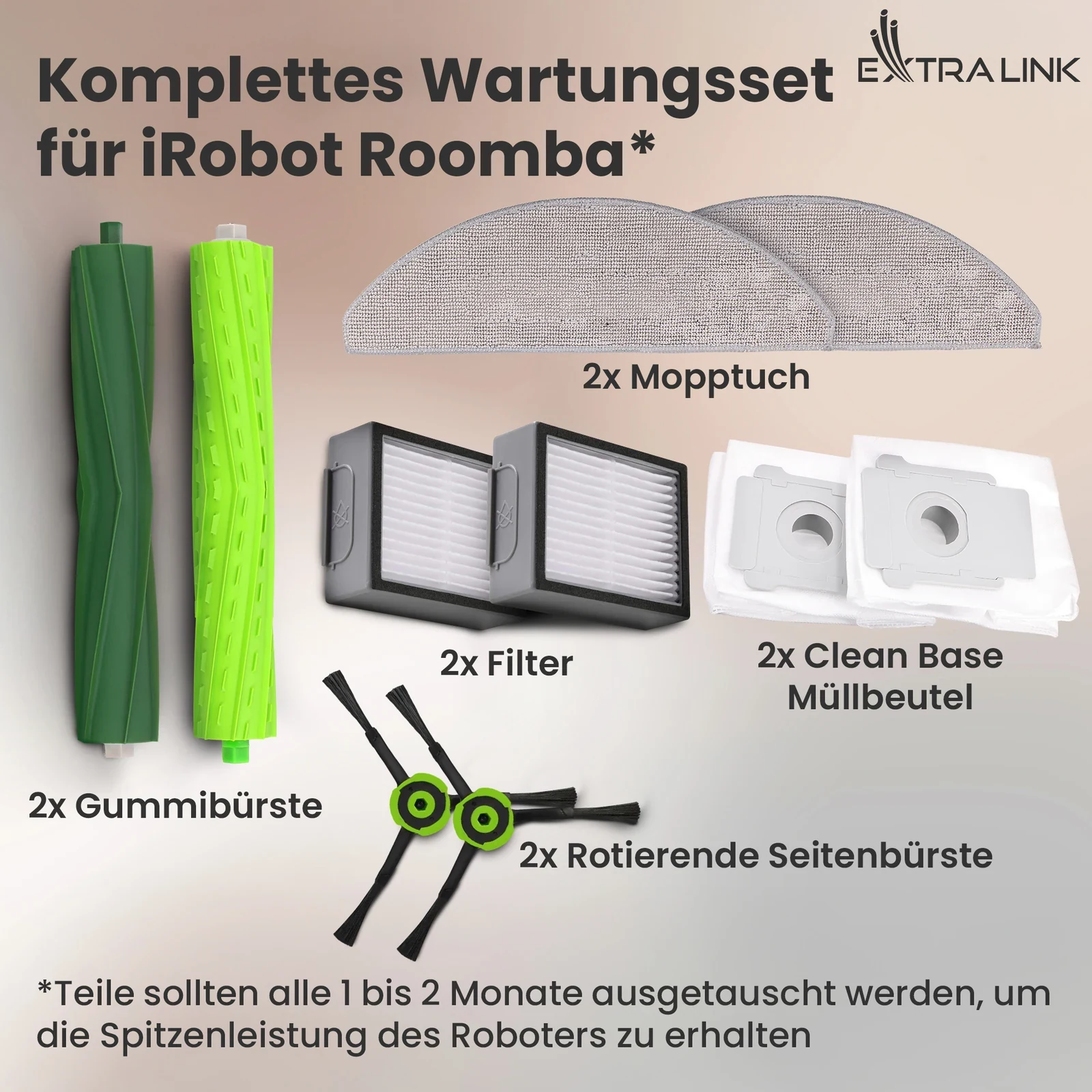Extralink-Ersatzteilset für Roomba: Gummibürsten, Filter, Seitenbürsten, Wischmopps und Clean Base-Müllbeutel