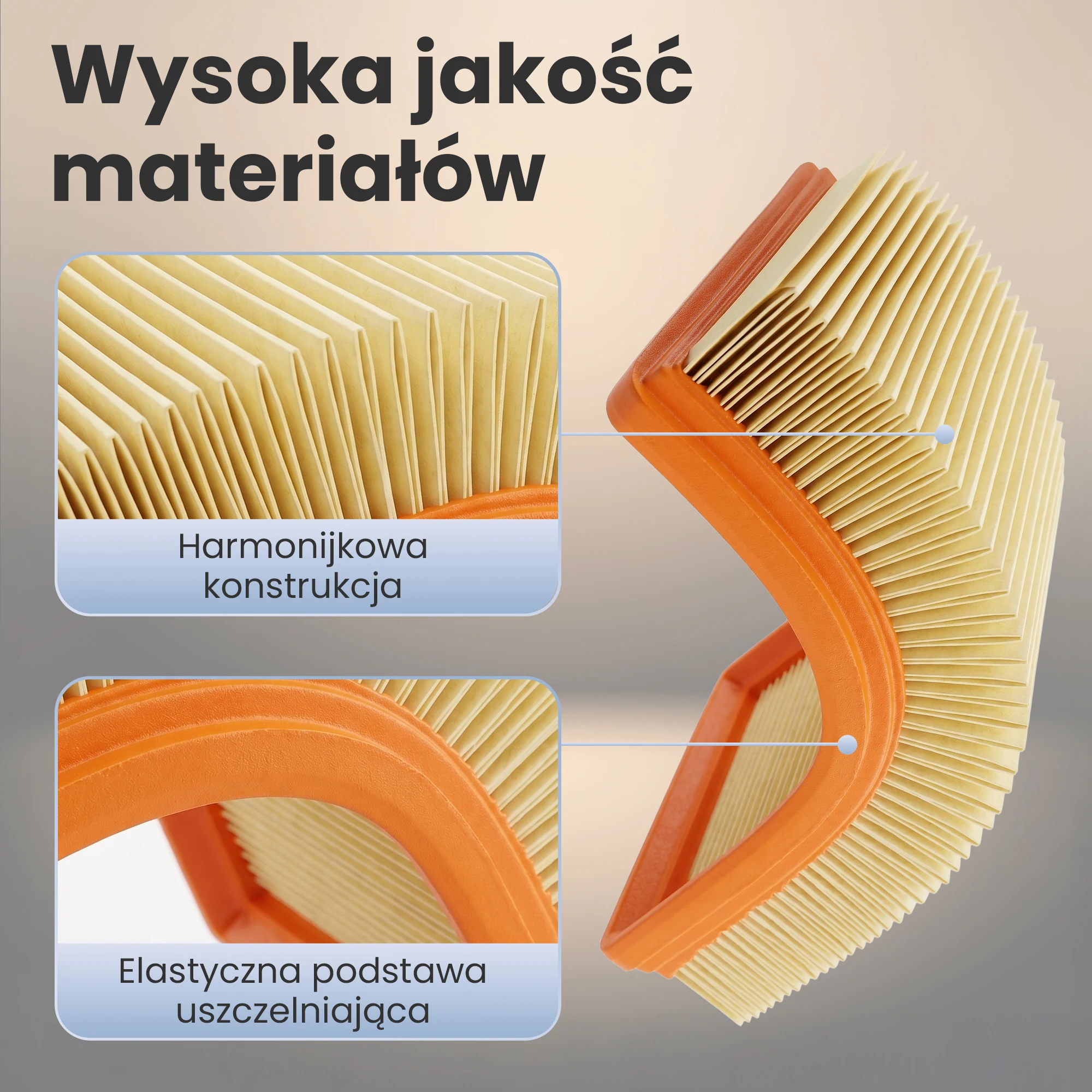 Luftfilter mit Falteneinsatz und flexiblem orangefarbenem Sockel