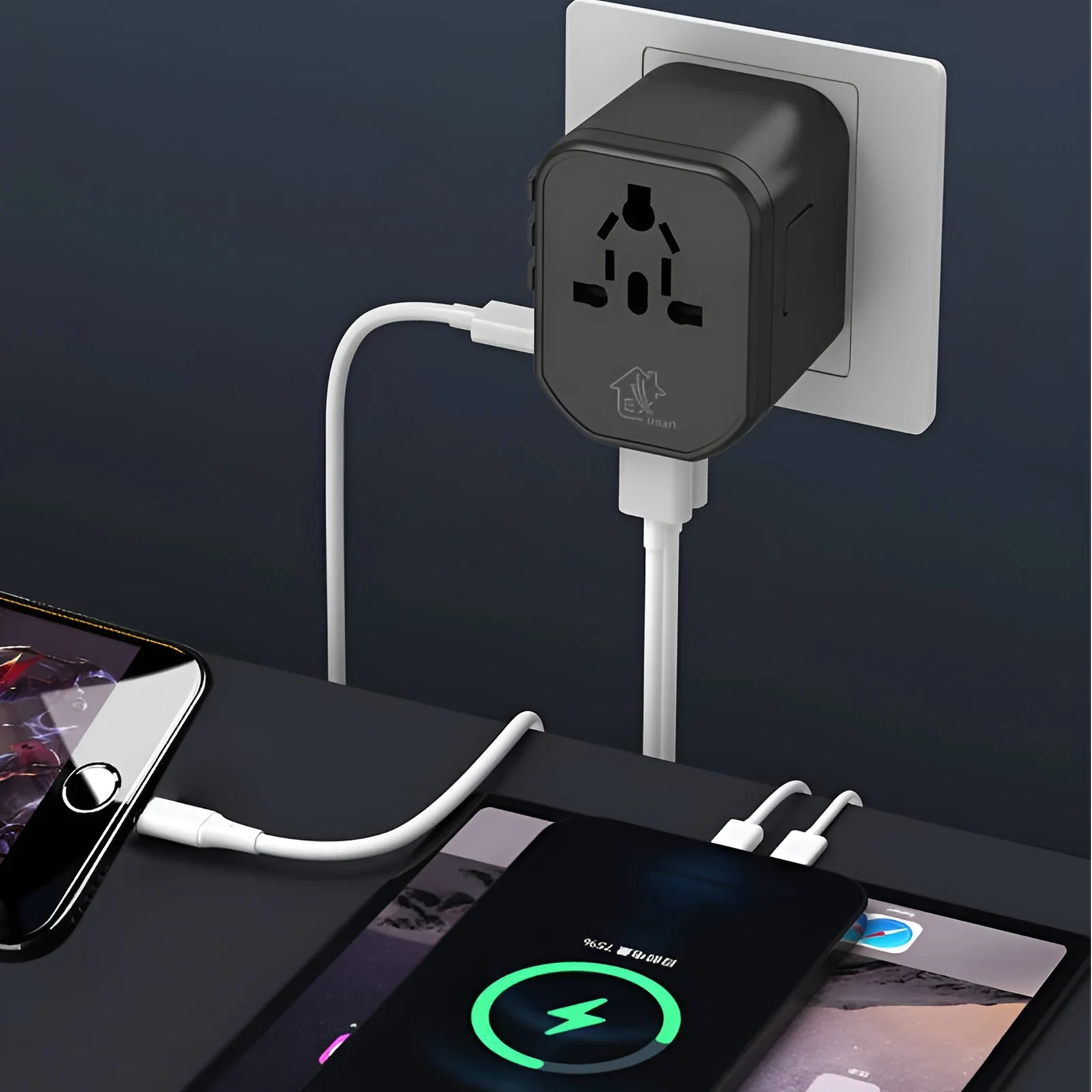Czarny adapter podróżny w gniazdku, z podłączonymi białymi przewodami do urządzeń mobilnych