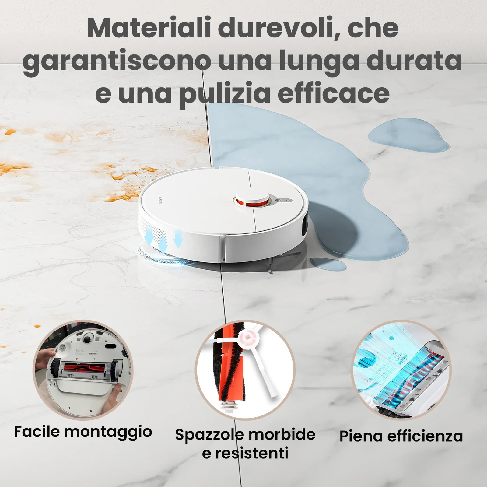 Robot aspirapolvere bianco che si muove su un pavimento con sporco umido e secco