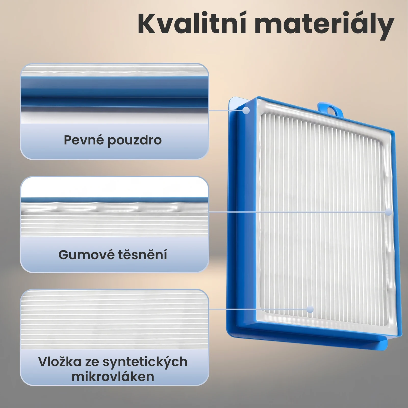 Detail modr&eacute;ho filtru s plisovanou vložkou a těsněn&iacute;m