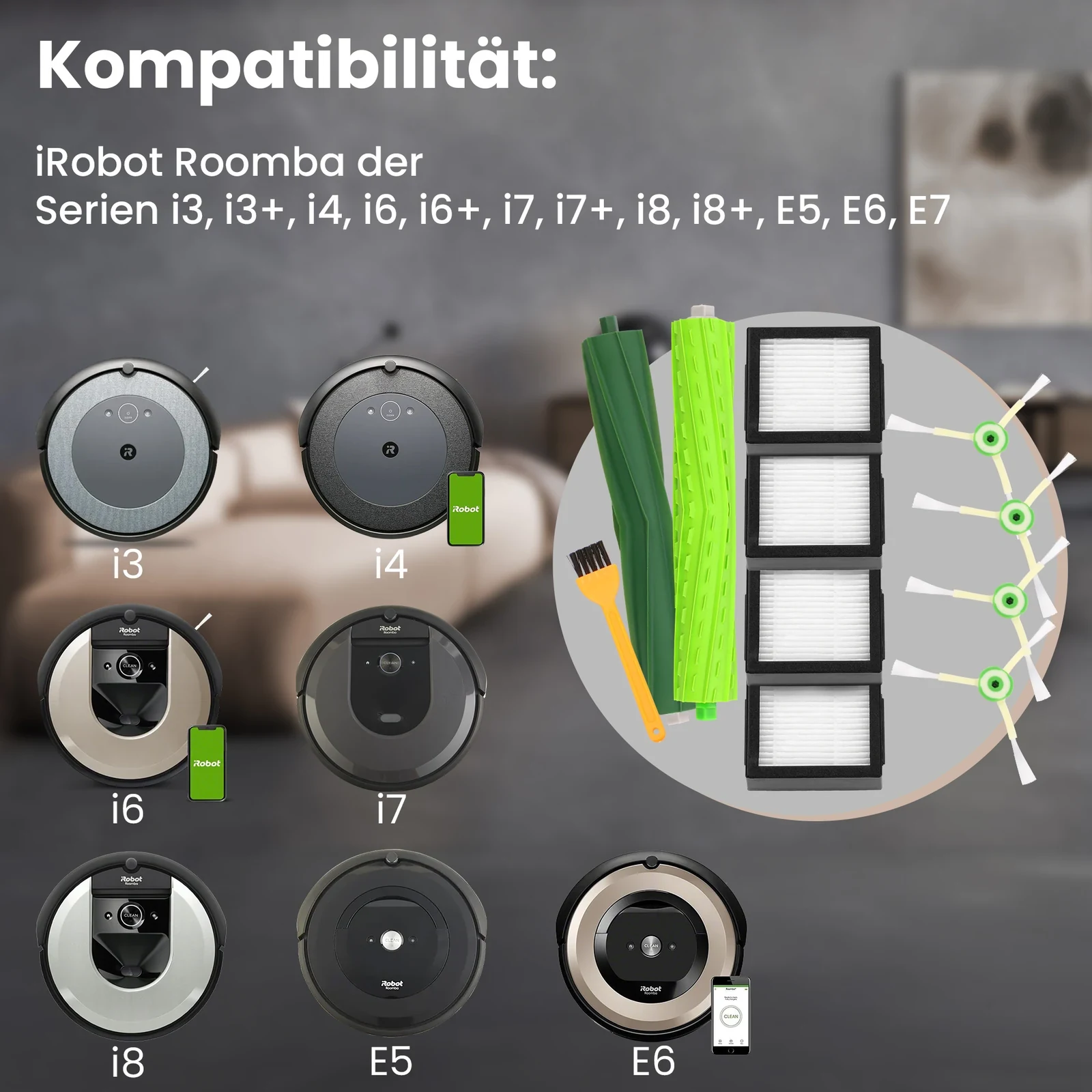 iRobot-Roomba-Roboter und Set aus Bürsten, Filtern und Gummiwalzen